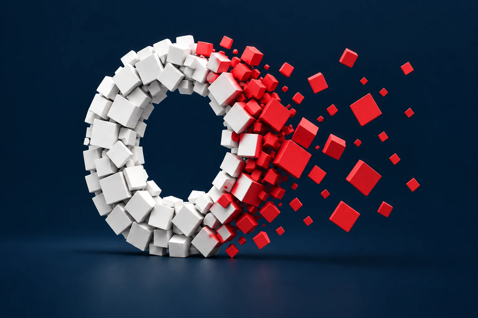 A white geometric zero transforming into many red pieces flowing to the right.